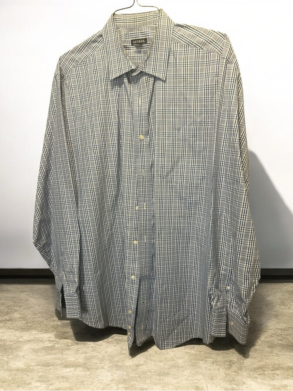 George Blue White Check Button Down Dress Shirt 2XL 50 52 Short Sleeve fair cond